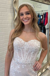 White Strapless Appliques Mermaid Long Wedding Dress